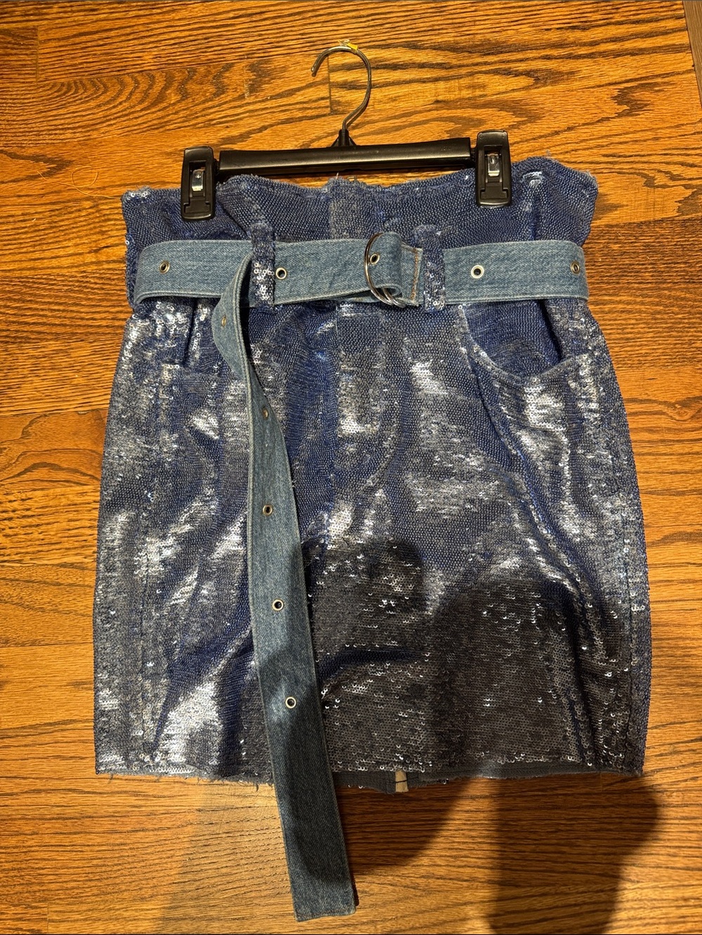 IRO Blue Sequin Paperbag Mini Skirt with Denim Belt